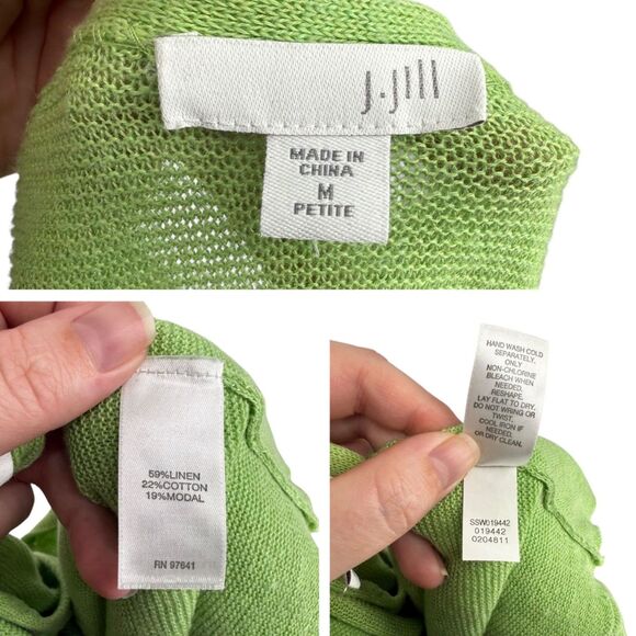 J. Jill Open Front Cardigan Medium PETITE Green Cotton Linen Long Sleeve FLAWS! - Picture 11 of 11